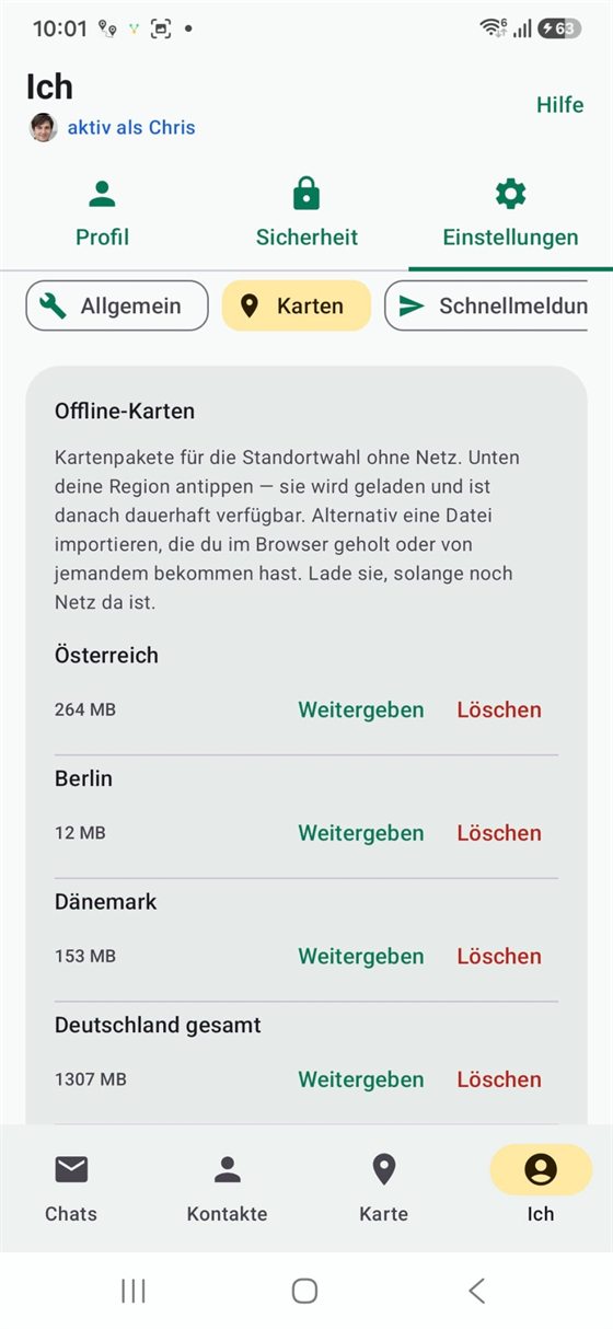 Einstellungen — Offline-Karten laden und weitergeben
