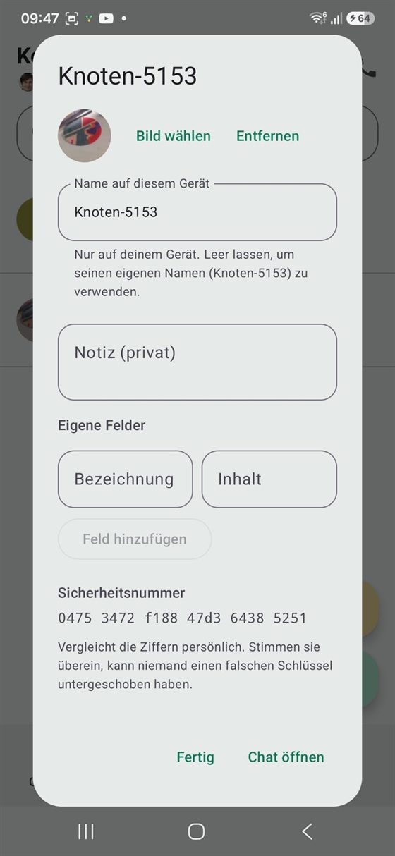 Kontakt — eigener Name, Notiz und Sicherheitsnummer zum Abgleich