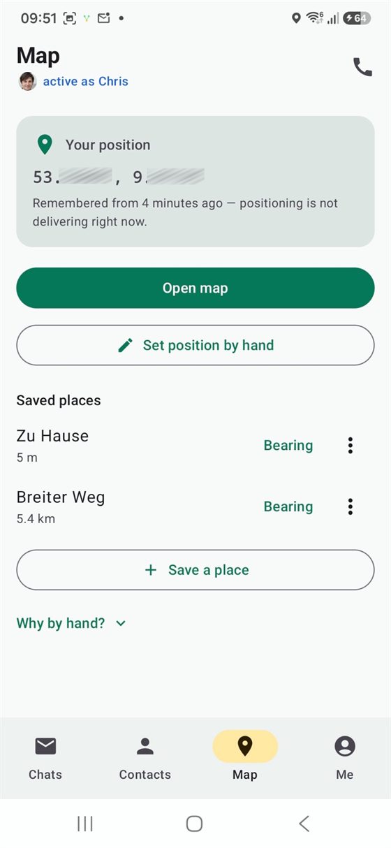 Map — your position and saved places with bearings
